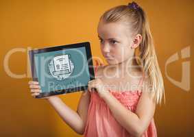 Girl holding a tablet with education icon on the screen