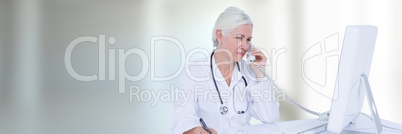 Doctor at computer on phone against white blurred background