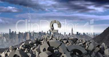 3D Broken concrete stone with money pound symbol in cityscape