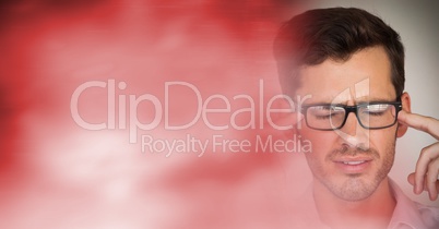 Portraiture of frustrated man with glasses and red blurry transition 3d