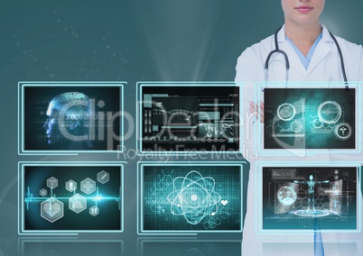 Woman doctor looking at medical interfaces 3d