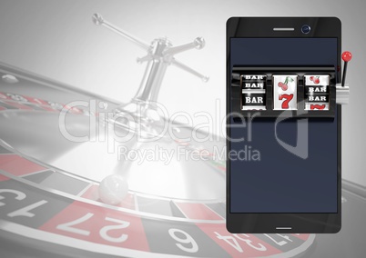 Phone with slot machine and roulette background and copy space