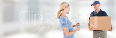Delivery Courier with box and client in front of blurred copy space background Delivery Courier with box and client in front of blurred copy space background