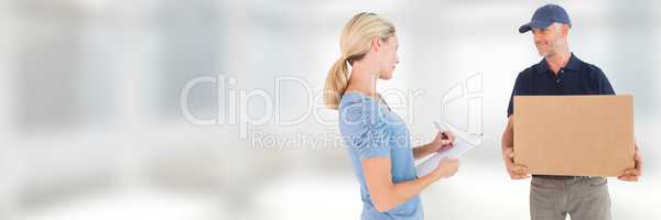 Delivery Courier with box and client in front of blurred copy space background