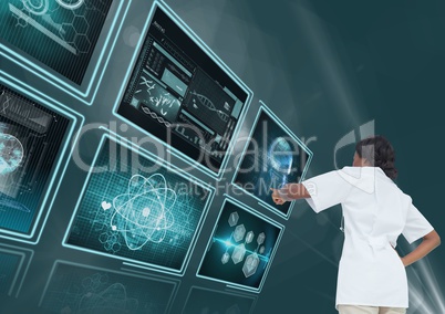 Woman doctor interacting with medical interfaces against blue background 3d