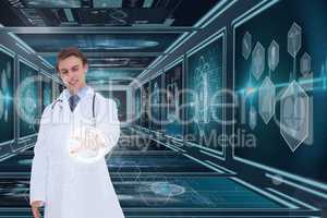 Man doctor interacting with interfaces against background with medical interfaces 3d