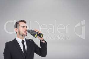 Confused man with binoculars against white copy space background