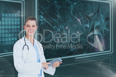 Woman doctor smiling against background with 3d medical interfaces and flares