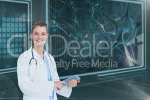 Woman doctor smiling against background with 3d medical interfaces and flares