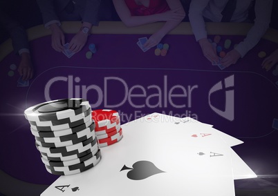 3D poker chips and playing cards in front of dark casino table background