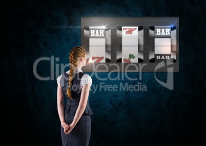 3d back of Woman Looking at casino slot machine