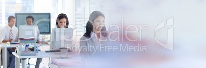 Customer service with headsets assistants with bright office background