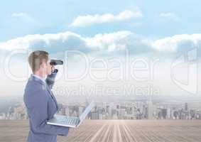 Man looking through binoculars against city background 3d