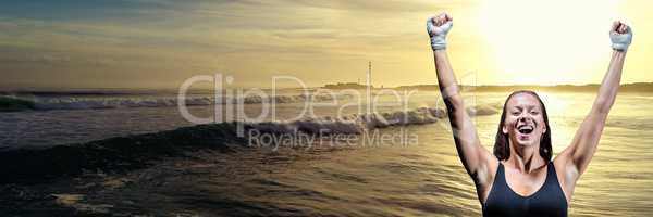 Athlete woman celebrating against waves and sunset 3d