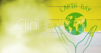 Earth day drawing on white wood panel and blurry green copy space transition