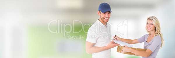 Delivery Courier with client forms in front of blurred background