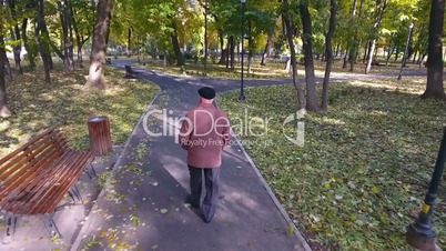 Aerial footage of elderly man walking in the park in autumn