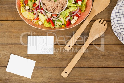 Bussiness card on wooden desk with food 3d