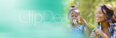 Mother and daughter blowing bubbles with blurry green transition 3d
