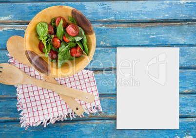 Blank card on blue wooden desk with food 3d