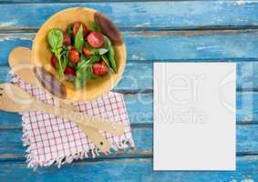 Blank card on blue wooden desk with food 3d