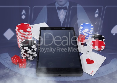 Phone with poker casino chips and playing cards  with croupier and copy space