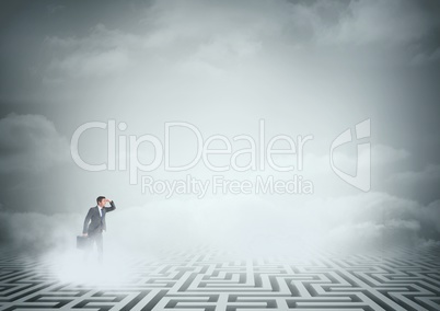 Man searching on a 3d maze with clouds