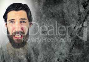 Portraiture of frustrated man and grey grunge copy space transition
