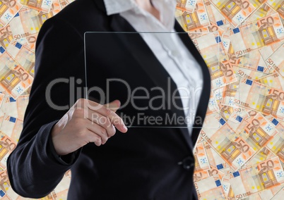 Business woman mid section with glass device against money backdrop