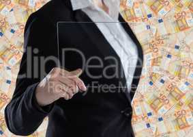 Business woman mid section with glass device against money backdrop