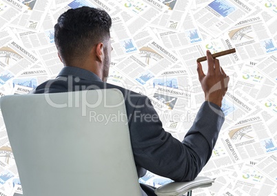 Back of business man in chair looking at document backdrop