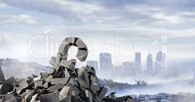 3D Broken concrete stone with pound symbol with cityscape