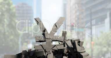 3D Broken concrete stone with money Yen symbol in cityscape