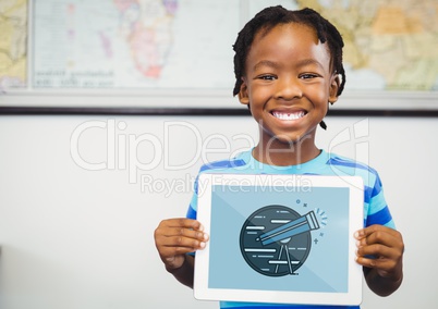 Happy boy holding a tablet with travel icon on the screen hold