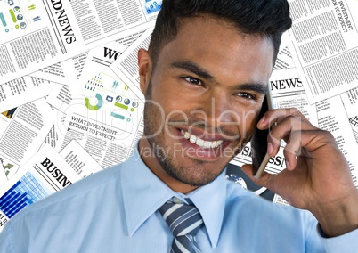 Close up of man on phone against document backdrop