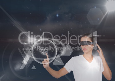 Woman in VR headset touching interface against black sky with stars and flares