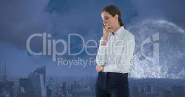 businesswoman in night moon cityscape