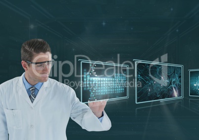 Man doctor interacting with medical interfaces 3d