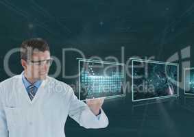 Man doctor interacting with medical interfaces 3d