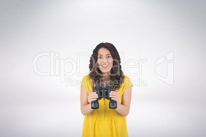 Happy woman with binoculars against white background 3d