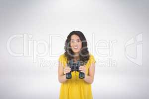 Happy woman with binoculars against white background 3d