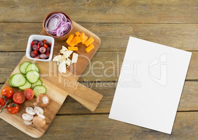 Blank card on wooden desk with food 3d