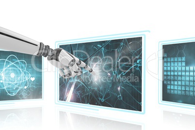 3D robot hand interacting with medical interfaces against white background