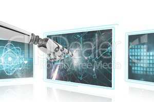 3D robot hand interacting with medical interfaces against white background
