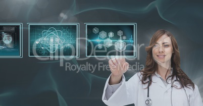 Woman doctor interacting with medical interfaces against blue background 3d