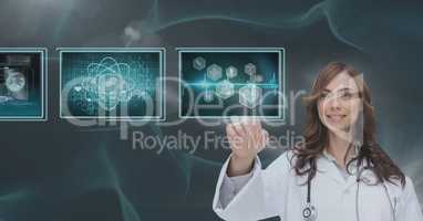 Woman doctor interacting with medical interfaces against blue background 3d