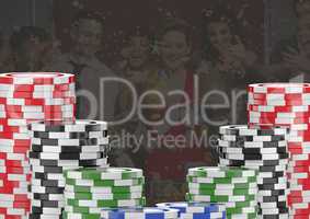 Poker casino chips in front of gambling people 3d