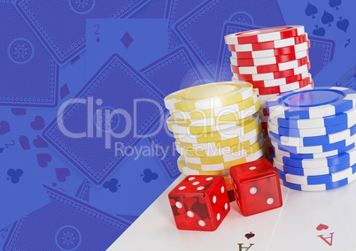 3D Poker casino chips and dice and cards