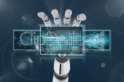 3D robot hand holding medical interfaces against blue background with flares