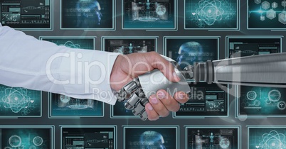 3D robot hand and person shaking hands against background with medical interfaces